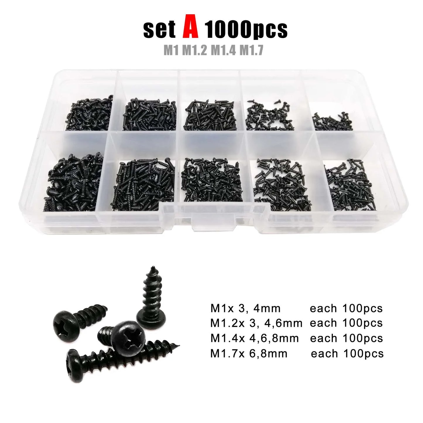 Phillips Head Screw Kit M1-M4,B lack Steel 700-2010pcs M1 M1.2 M1,4 M1,7 M2 M2,3 M2,6 M3 M3,5 M4
