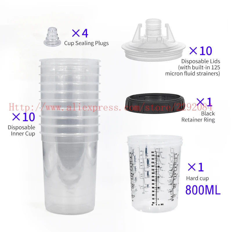 Paint Spray Gun Cup Kit with Lids – 160-800ml Disposable Mixing Cups, 10-Pack