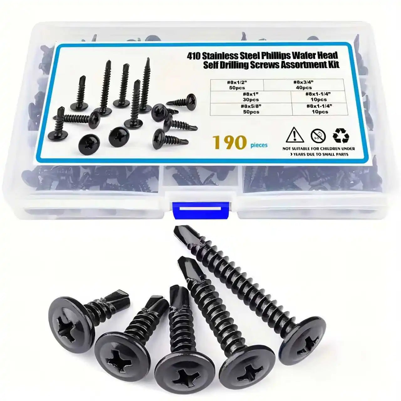 #8 Modified Truss Head Self Tapping Sheet Metal Screws Black Oxide 410 Stainless Steel Assortment Kit Self Drilling TEK Screw