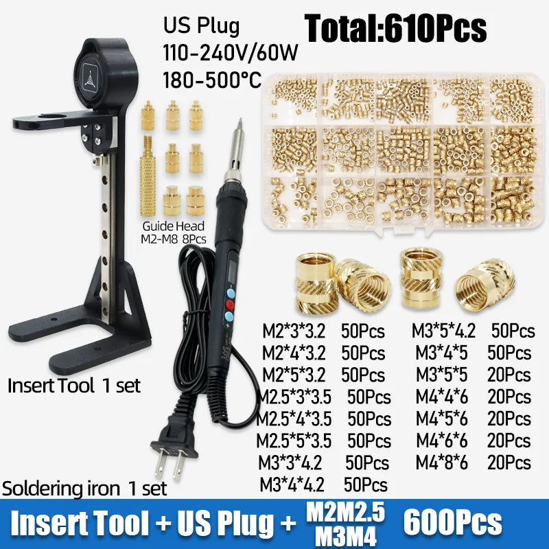 Heat Set Insert Kit with Stand – M2-M6 Brass Threaded Inserts, up to 1040 Pieces