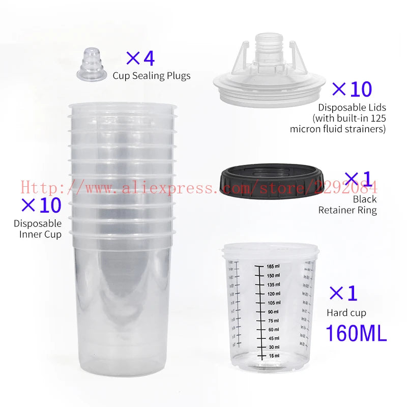 Paint Spray Gun Cup Kit with Lids – 160-800ml Disposable Mixing Cups, 10-Pack
