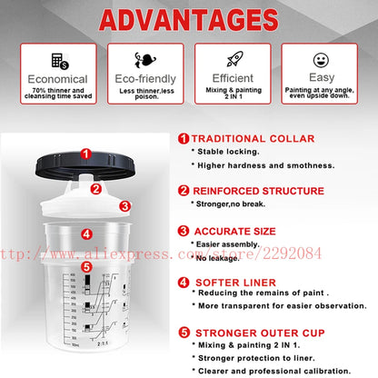 Paint Spray Gun Cup Kit with Lids – 160-800ml Disposable Mixing Cups, 10-Pack