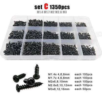 Phillips Head Screw Kit M1-M4,B lack Steel 700-2010pcs M1 M1.2 M1,4 M1,7 M2 M2,3 M2,6 M3 M3,5 M4