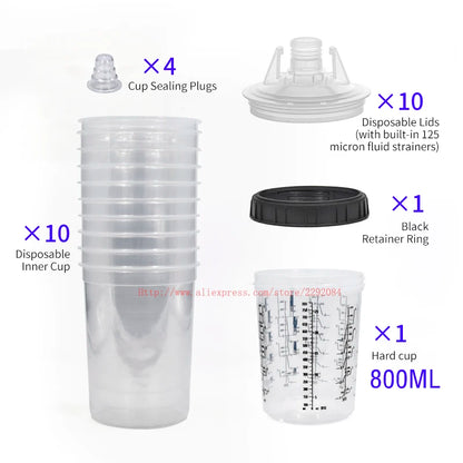 Paint Spray Gun Cup Kit with Lids – 160-800ml Disposable Mixing Cups, 10-Pack