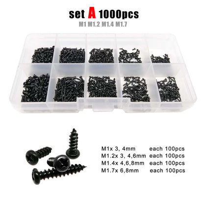 Phillips Head Screw Kit M1-M4,B lack Steel 700-2010pcs M1 M1.2 M1,4 M1,7 M2 M2,3 M2,6 M3 M3,5 M4