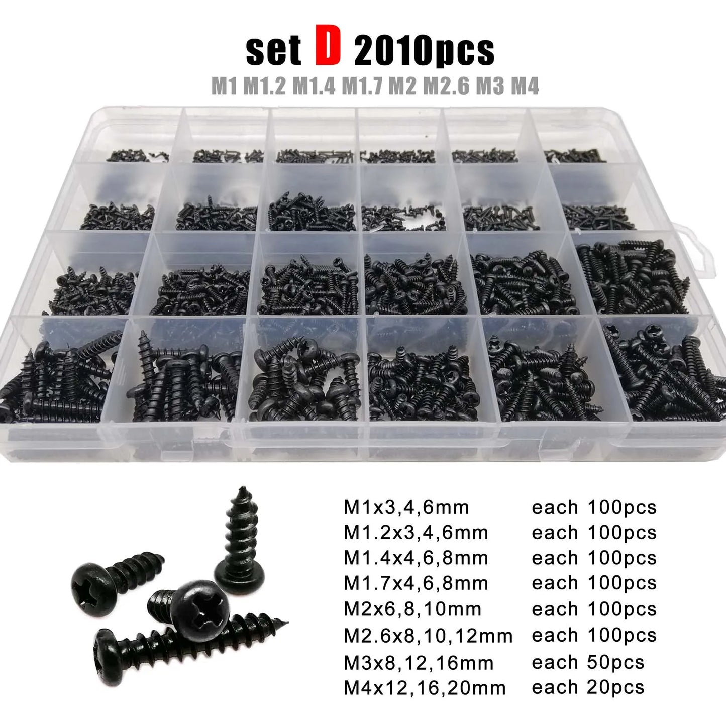 Phillips Head Screw Kit M1-M4,B lack Steel 700-2010pcs M1 M1.2 M1,4 M1,7 M2 M2,3 M2,6 M3 M3,5 M4