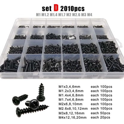 Phillips Head Screw Kit M1-M4,B lack Steel 700-2010pcs M1 M1.2 M1,4 M1,7 M2 M2,3 M2,6 M3 M3,5 M4