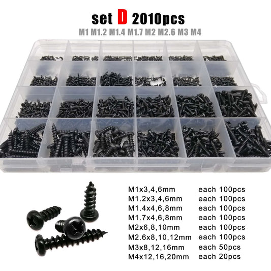 Phillips Head Screw Kit M1-M4,B lack Steel 700-2010pcs M1 M1.2 M1,4 M1,7 M2 M2,3 M2,6 M3 M3,5 M4