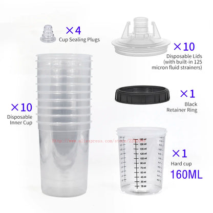 Paint Spray Gun Cup Kit with Lids – 160-800ml Disposable Mixing Cups, 10-Pack