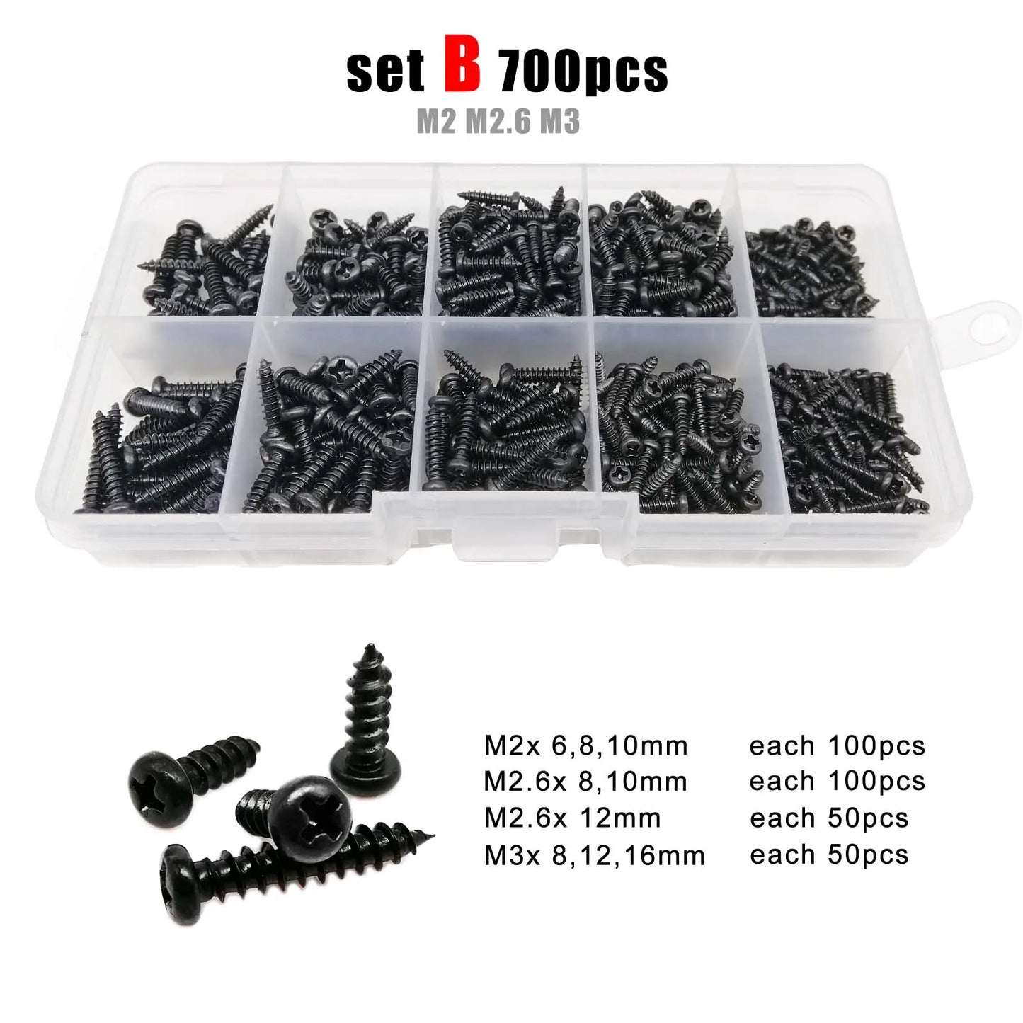 Phillips Head Screw Kit M1-M4,B lack Steel 700-2010pcs M1 M1.2 M1,4 M1,7 M2 M2,3 M2,6 M3 M3,5 M4