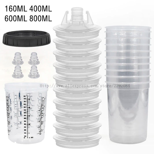 Paint Spray Gun Cup Kit with Lids – 160-800ml Disposable Mixing Cups, 10-Pack