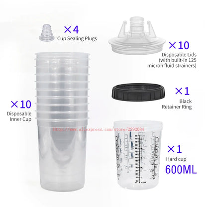 Paint Spray Gun Cup Kit with Lids – 160-800ml Disposable Mixing Cups, 10-Pack