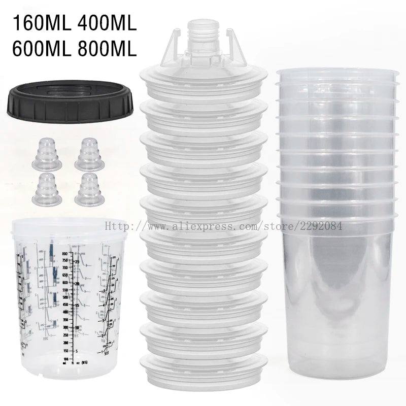 Paint Spray Gun Cup Kit with Lids – 160-800ml Disposable Mixing Cups, 10-Pack