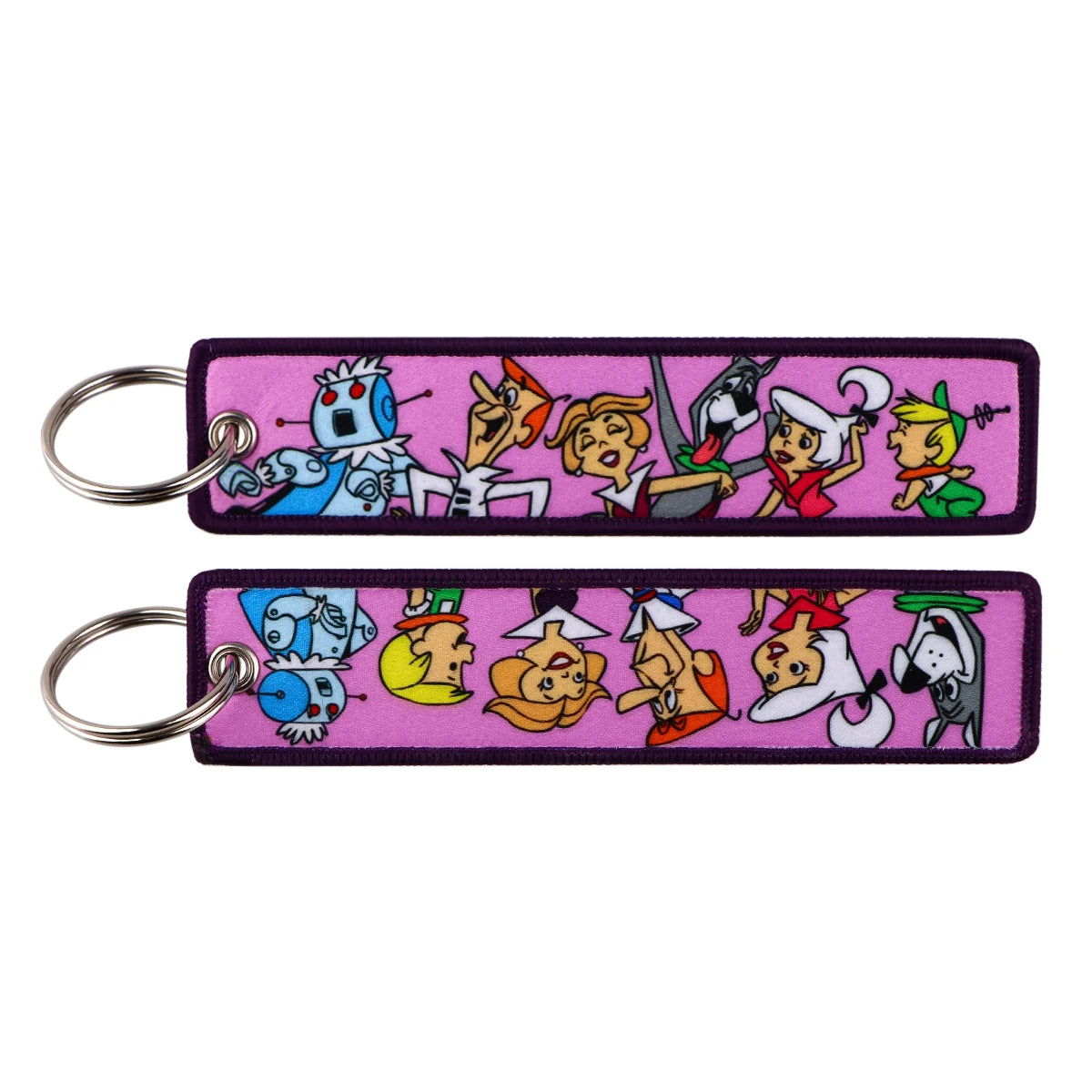 Embroidered Keychain - Cartoon Characters Scooby-Doo gang, retro robots, Humorous stick figures, and action-packed dinosaurs and warriors.