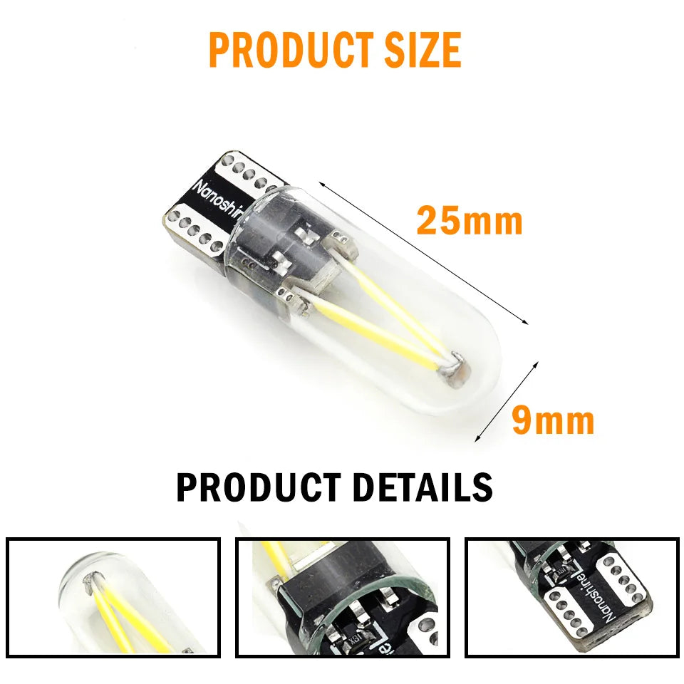 W5W T10 LED COB Filament Bulb – Car Interior Reading, Dome & License Plate Light (12V)