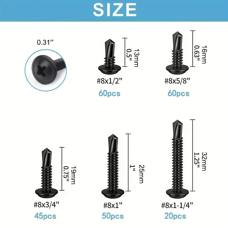#8 Modified Truss Head Self Tapping Sheet Metal Screws Black Oxide 410 Stainless Steel Assortment Kit Self Drilling TEK Screw