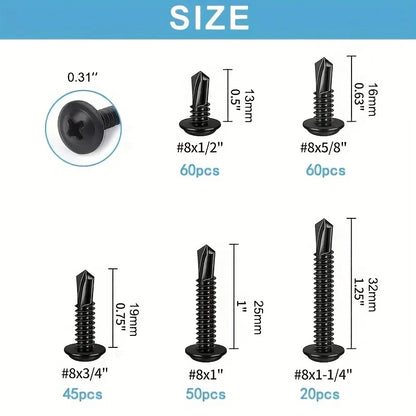 #8 Modified Truss Head Self Tapping Sheet Metal Screws Black Oxide 410 Stainless Steel Assortment Kit Self Drilling TEK Screw