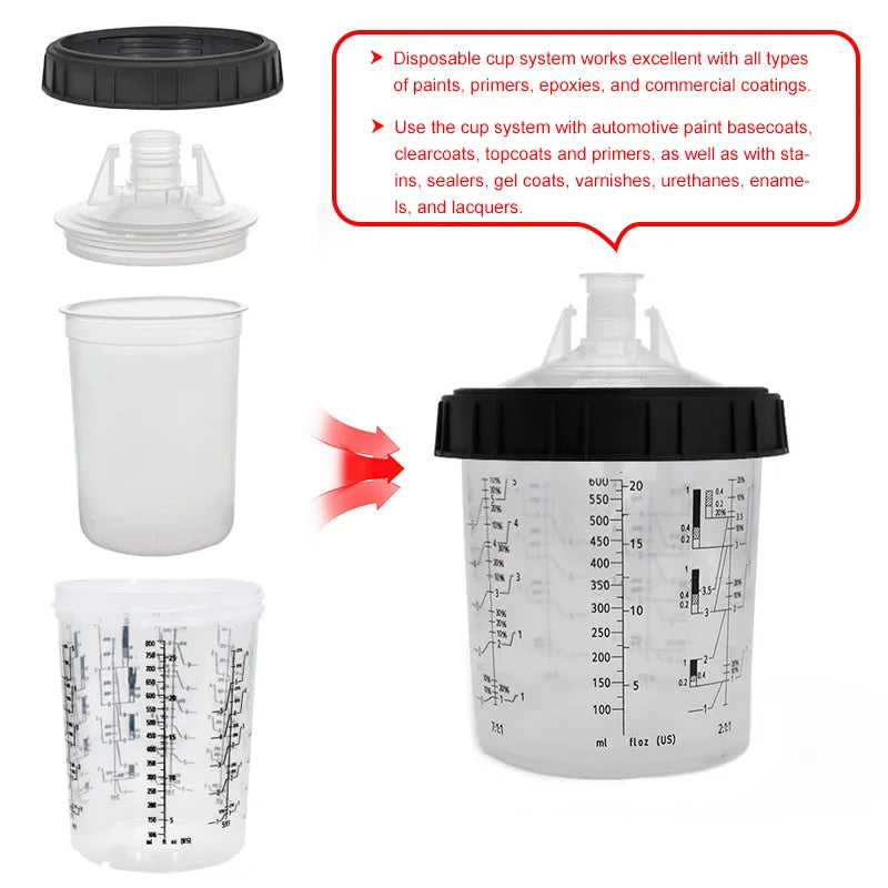 Disposable Paint Mixing Cup System – 160-800ml Graduated Spray Gun Cups