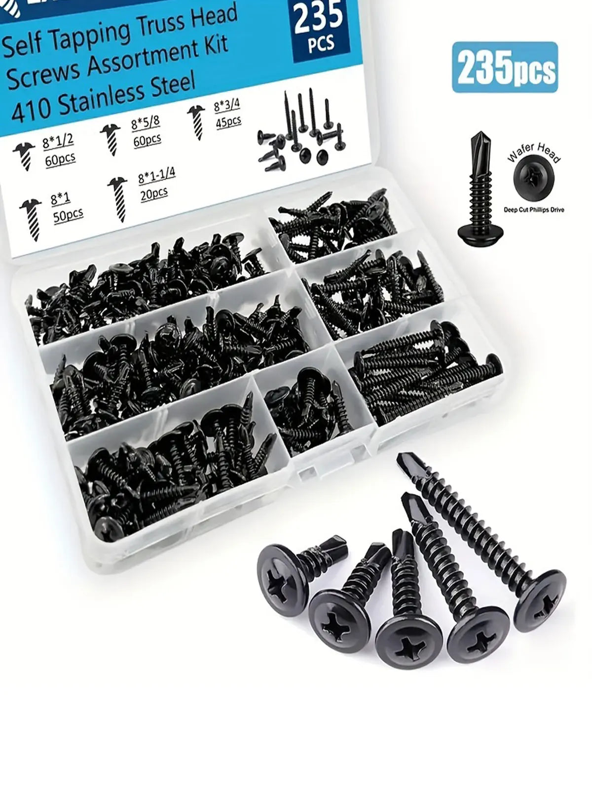 #8 Modified Truss Head Self Tapping Sheet Metal Screws Black Oxide 410 Stainless Steel Assortment Kit Self Drilling TEK Screw