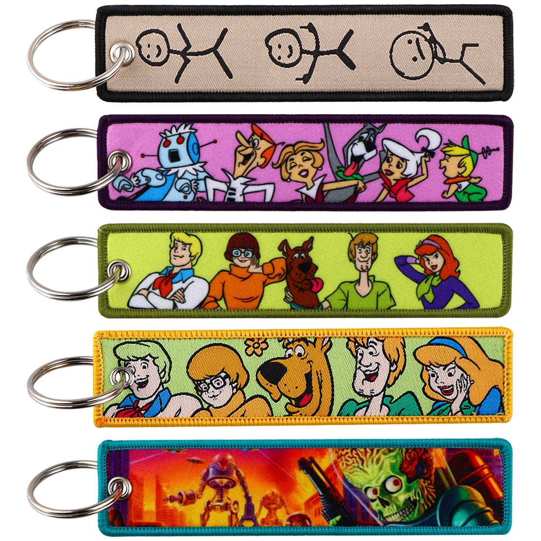 Embroidered Keychain - Cartoon Characters Scooby-Doo gang, retro robots, Humorous stick figures, and action-packed dinosaurs and warriors.