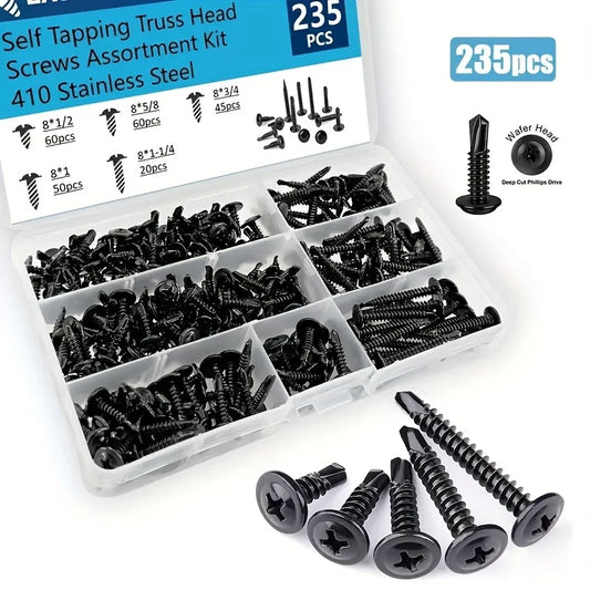 #8 Modified Truss Head Self Tapping Sheet Metal Screws Black Oxide 410 Stainless Steel Assortment Kit Self Drilling TEK Screw