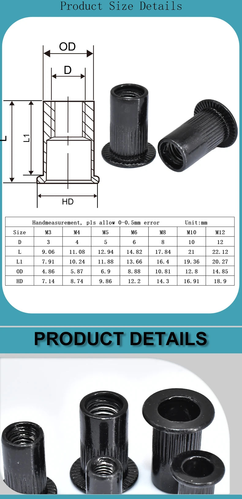 Flat Rivet Nut M3-M12 5-50pcs, Black Carbon Steel, Threaded Rivet Nut Insert