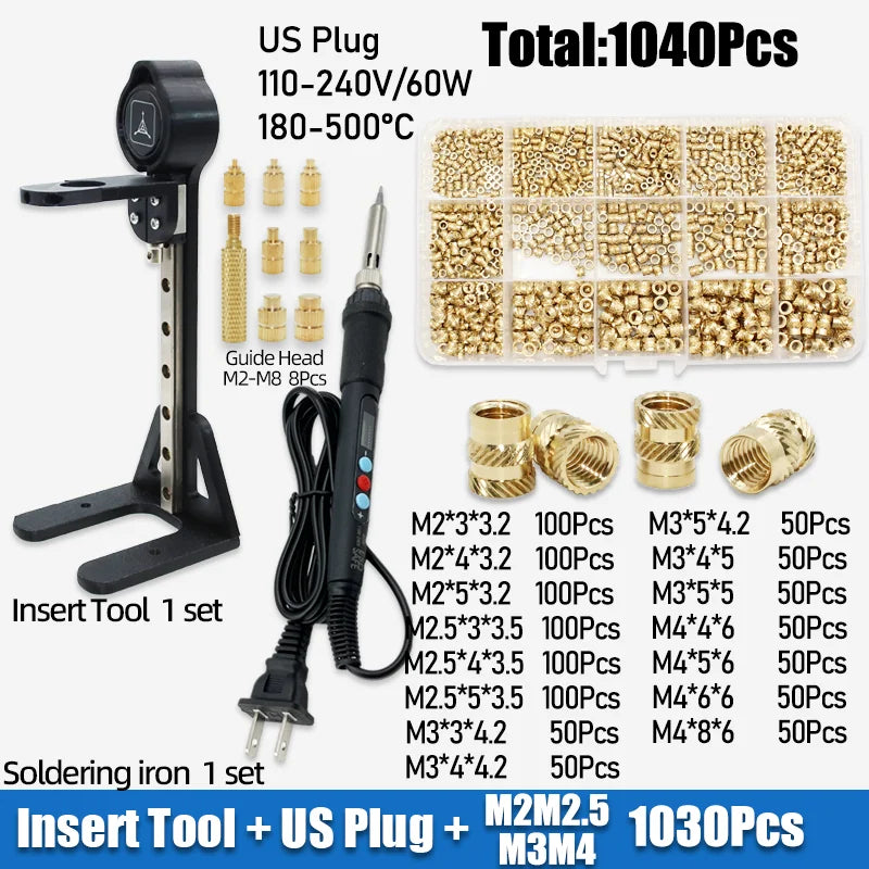 Heat Set Insert Kit with Stand – M2-M6 Brass Threaded Inserts, up to 1040 Pieces