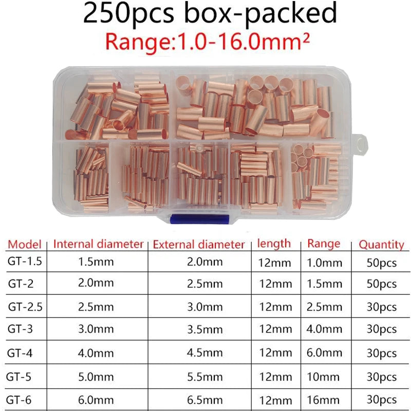 Copper Crimp Connector, Electrical Terminal Butt, Assortment Kit 7 Size, 250Pcs