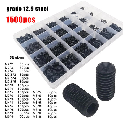 Allen Screw Hexagon Socket M2-M8, DIN916 Black Steel 304 Stainless, 500/1500pcs Assortment Kit