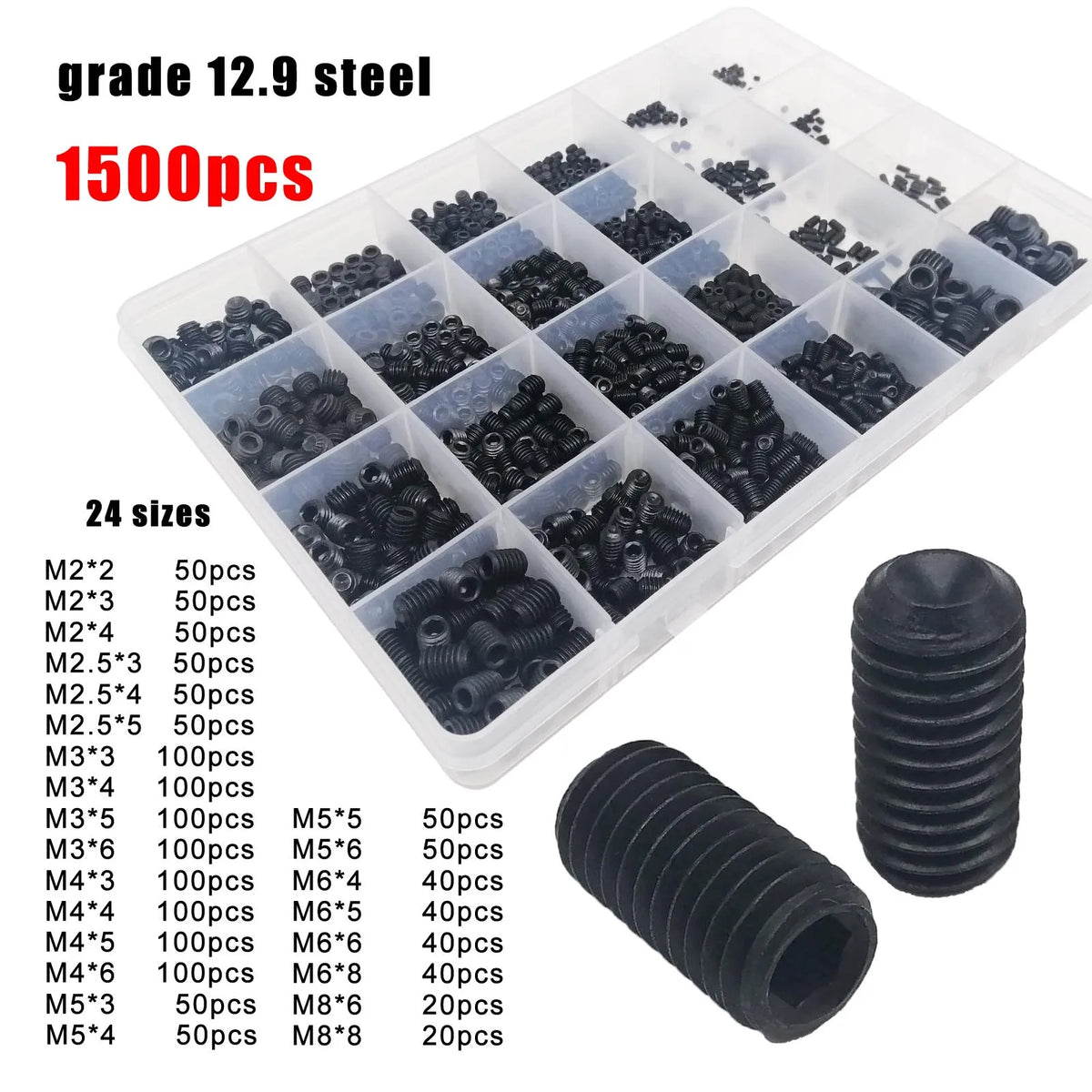 Allen Screw Hexagon Socket M2-M8, DIN916 Black Steel 304 Stainless, 500/1500pcs Assortment Kit