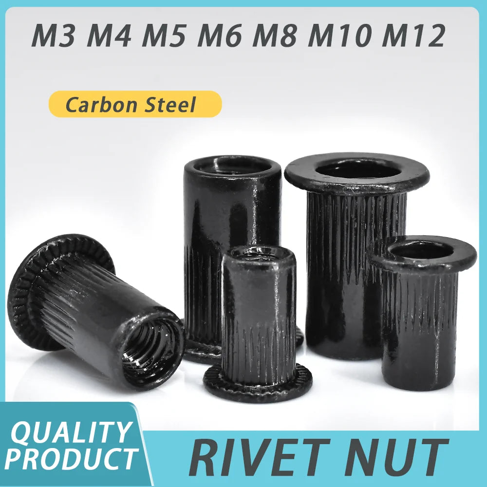 Flat Rivet Nut M3-M12 5-50pcs, Black Carbon Steel, Threaded Rivet Nut Insert