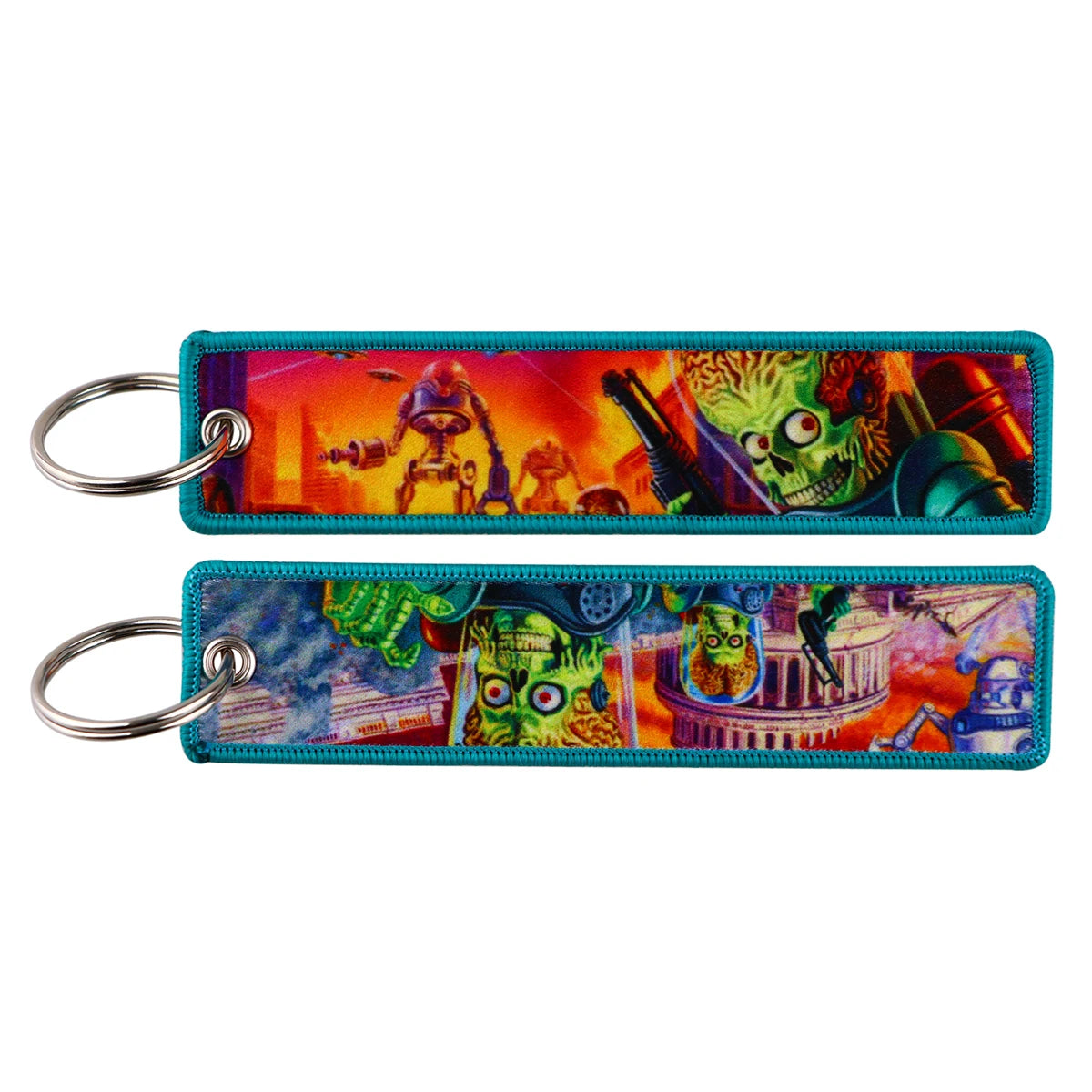 Embroidered Keychain - Cartoon Characters Scooby-Doo gang, retro robots, Humorous stick figures, and action-packed dinosaurs and warriors.