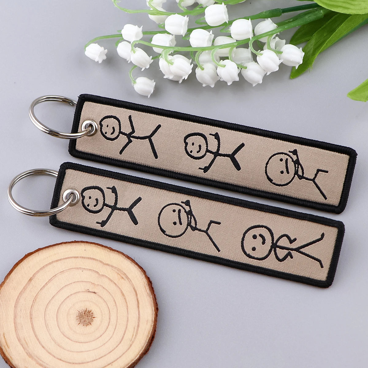 Embroidered Keychain - Cartoon Characters Scooby-Doo gang, retro robots, Humorous stick figures, and action-packed dinosaurs and warriors.