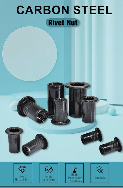 Flat Rivet Nut M3-M12 5-50pcs, Black Carbon Steel, Threaded Rivet Nut Insert