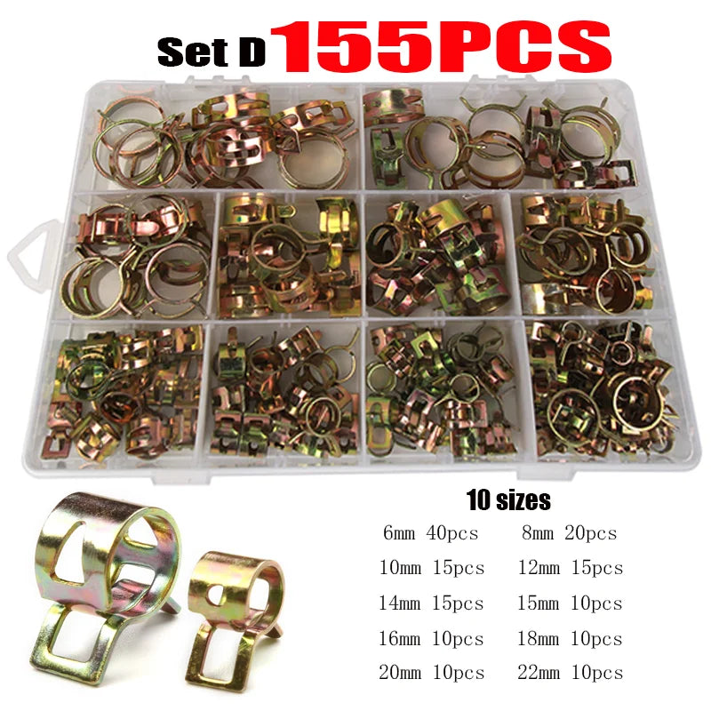 Spring Hose Clip Assortment Kit – Fuel, Oil & Water Line Clamps for Cars & Trucks