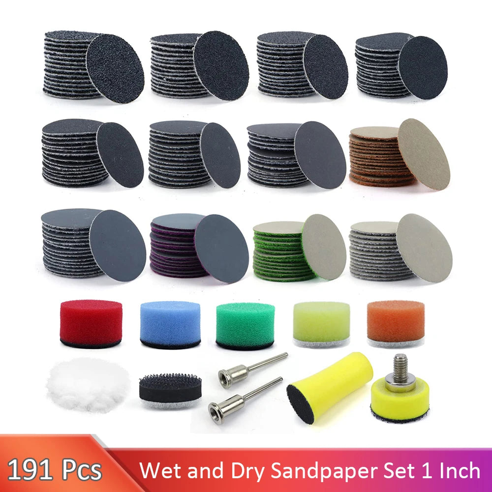 Sanding Discs Hook and Loop, 25mm/1 Inch 191 PCS, Wet Dry Sandpaper with 3mm Shank Backing Pad Polishing Pads and Interface Pad