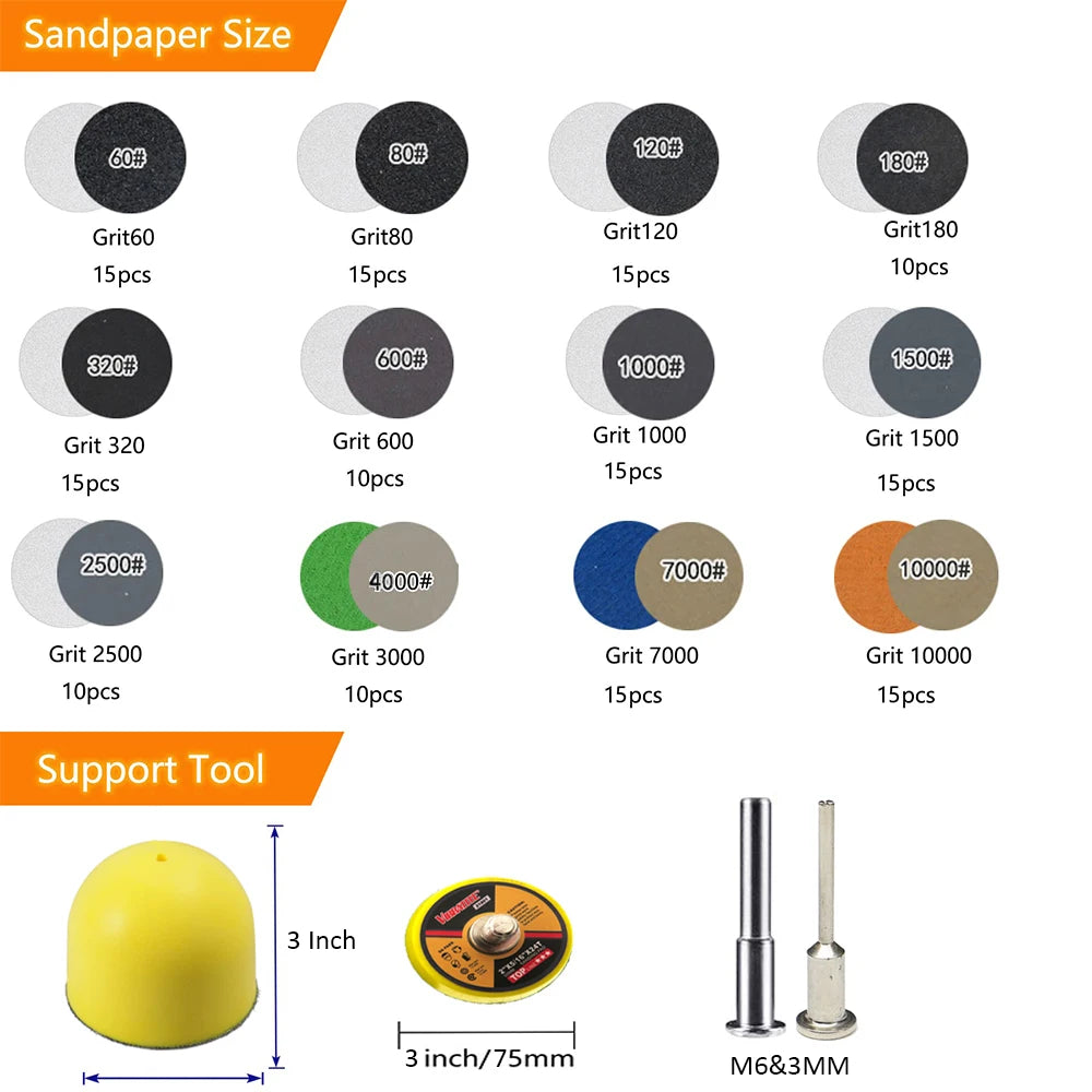 Sanding Discs Hook and Loop, 25mm/1 Inch 191 PCS, Wet Dry Sandpaper with 3mm Shank Backing Pad Polishing Pads and Interface Pad