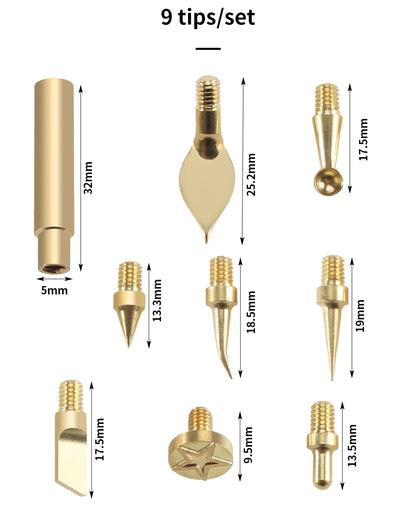 9-Piece Heat Insert & Finishing Tip Set – Brass Soldering Iron Tips for 3D Printing