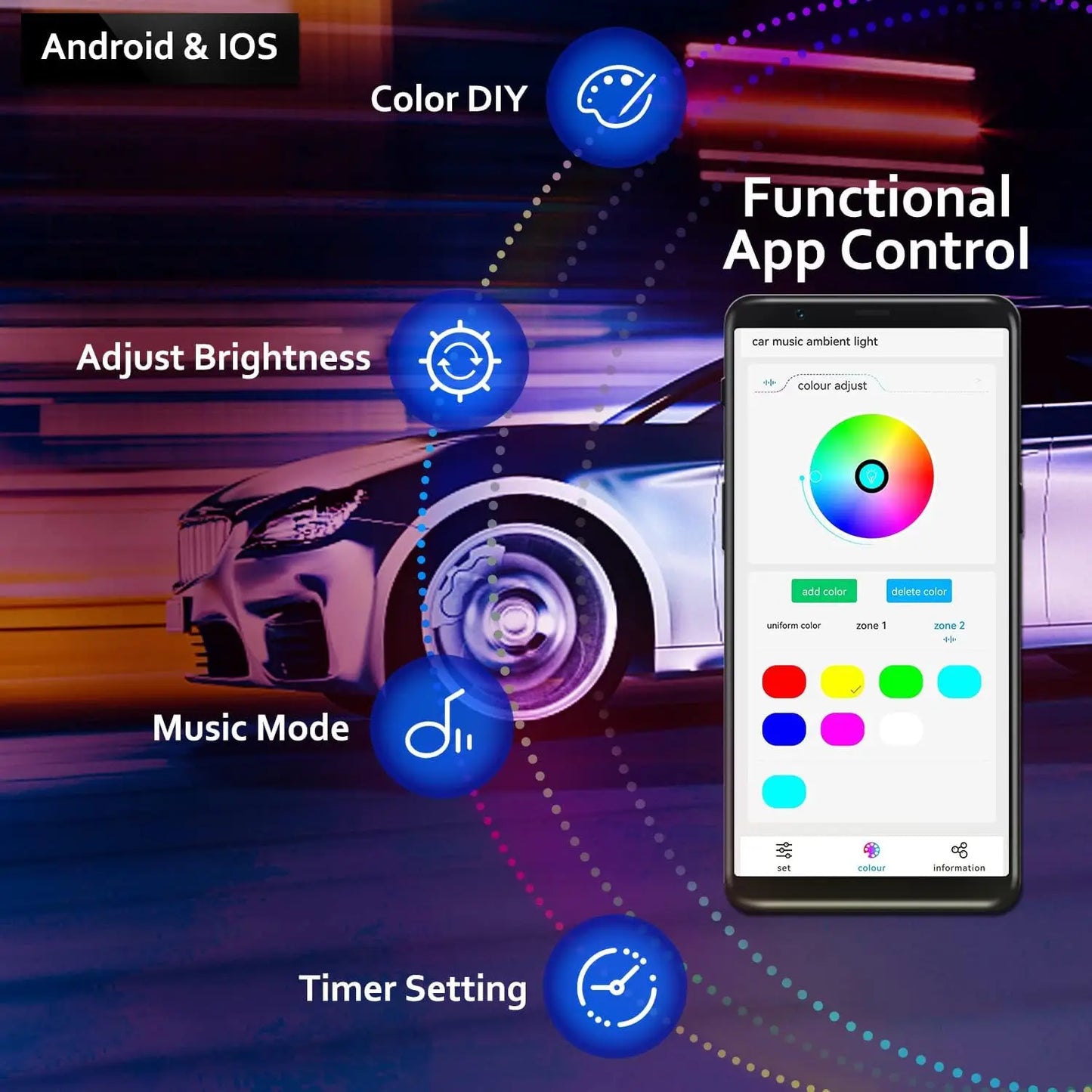 Car Ambient Interior lighting - App Control 22 In1 Full Color RGB Led Strip