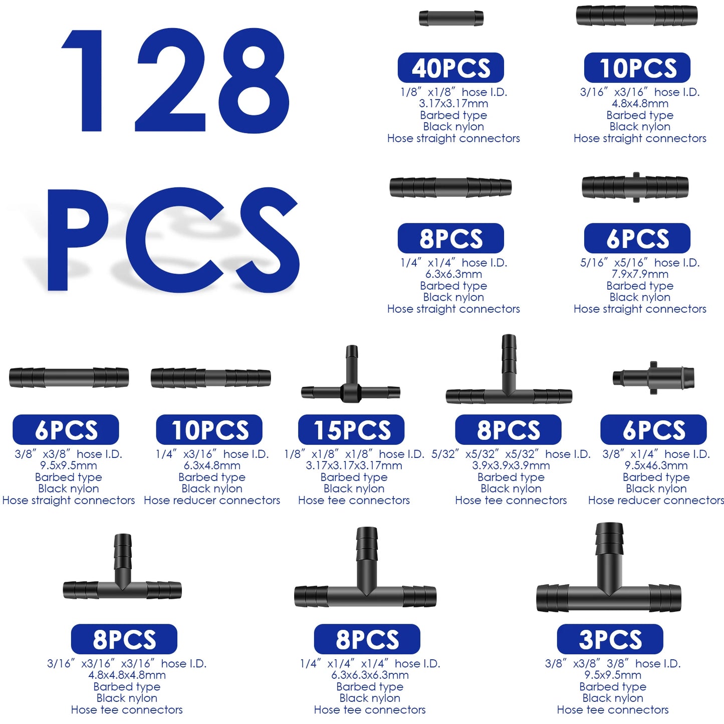 Plastic Hose & Pipe Joints, Vacuum & Water Connector Assortment 128Pcs