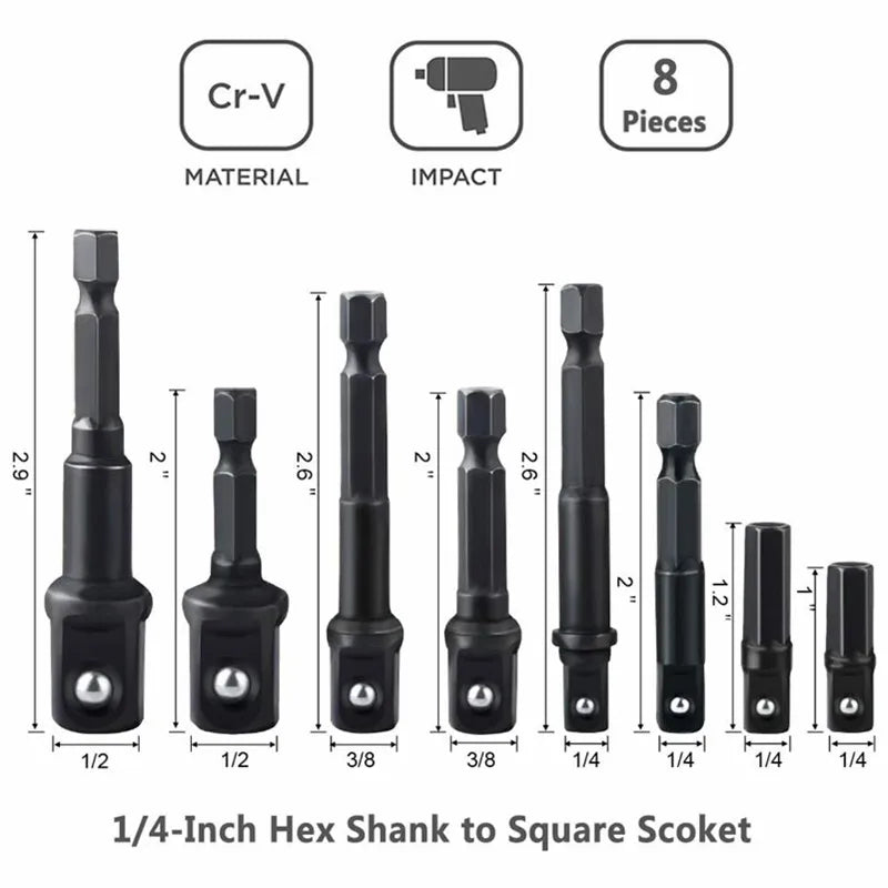 Impact Socket Adapter Set – Turn Your Drill Into a High-Speed Nut Driver, 1/4" Hex
