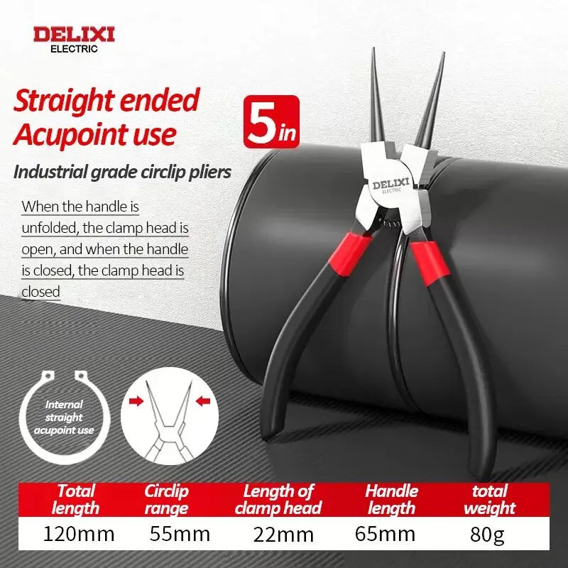 DELIXI 5-in-1 Circlip Pliers Set – Retaining Ring Pliers for Shafts & Bores