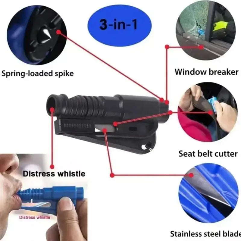 3-in-1 Car Safety Hammer & Seatbelt Cutter – Window Breaker Escape Tool with Whistle