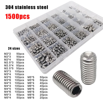 Allen Screw Hexagon Socket M2-M8, DIN916 Black Steel 304 Stainless, 500/1500pcs Assortment Kit