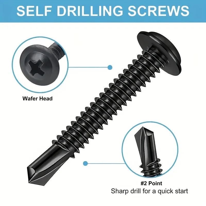 #8 Modified Truss Head Self Tapping Sheet Metal Screws Black Oxide 410 Stainless Steel Assortment Kit Self Drilling TEK Screw