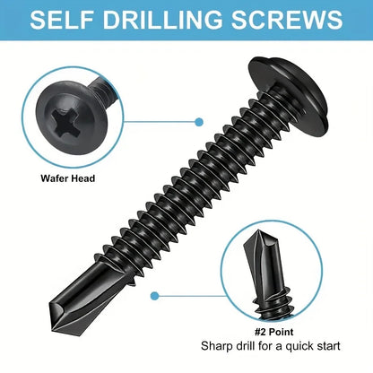 #8 Modified Truss Head Self Tapping Sheet Metal Screws Black Oxide 410 Stainless Steel Assortment Kit Self Drilling TEK Screw