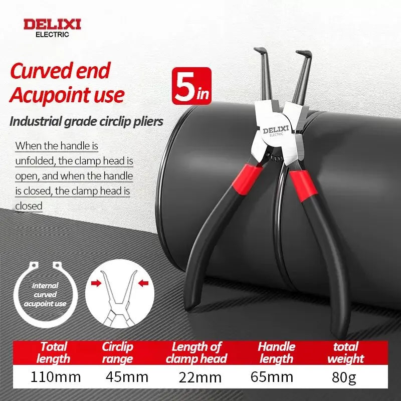 DELIXI 5-in-1 Circlip Pliers Set – Retaining Ring Pliers for Shafts & Bores