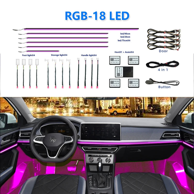 Car Ambient Interior lighting - App Control 22 In1 Full Color RGB Led Strip