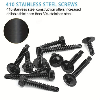 #8 Modified Truss Head Self Tapping Sheet Metal Screws Black Oxide 410 Stainless Steel Assortment Kit Self Drilling TEK Screw