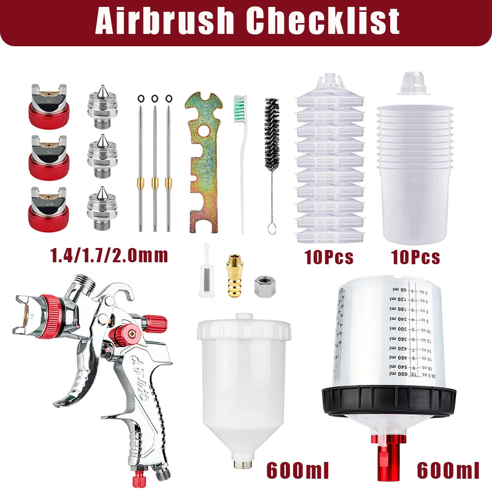 Professional HVLP Paint Spray Gun Kit – 1.4/1.7/2.0mm Nozzles, 600ml Cup